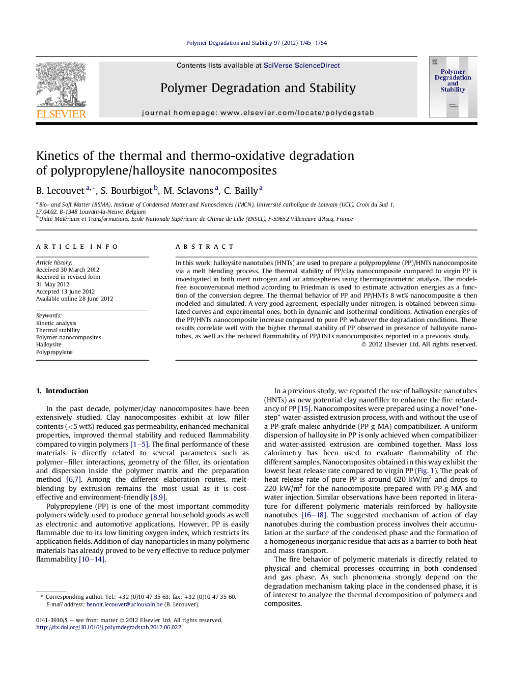 Kinetics of the thermal and thermo-oxidative degradation of polypropylene/halloysite nanocomposites