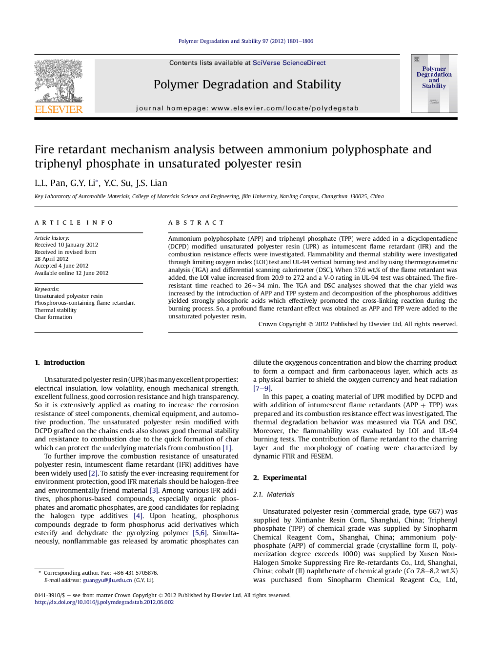 Fire retardant mechanism analysis between ammonium polyphosphate and triphenyl phosphate in unsaturated polyester resin