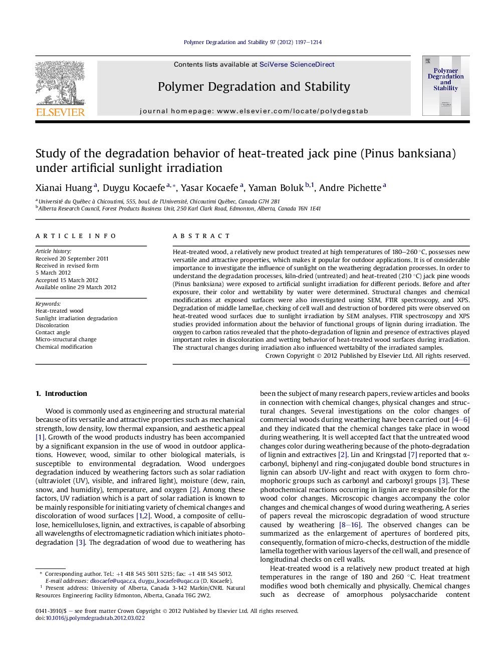 Study of the degradation behavior of heat-treated jack pine (Pinus banksiana) under artificial sunlight irradiation