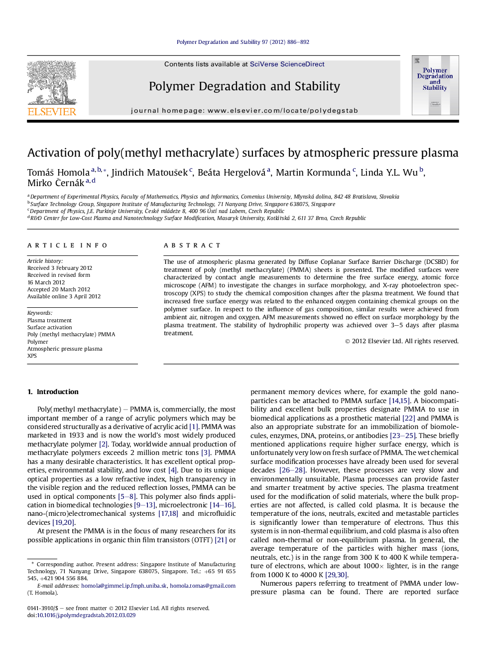 Activation of poly(methyl methacrylate) surfaces by atmospheric pressure plasma