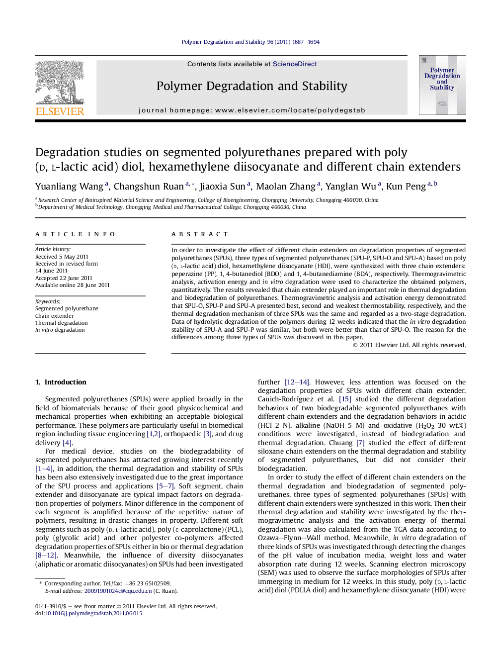 Degradation studies on segmented polyurethanes prepared with poly (d, l-lactic acid) diol, hexamethylene diisocyanate and different chain extenders