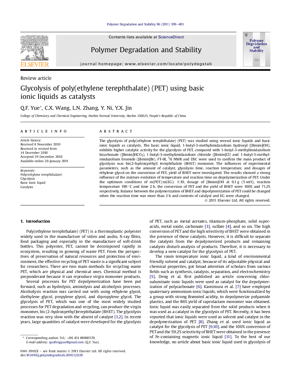 Glycolysis of poly(ethylene terephthalate) (PET) using basic ionic liquids as catalysts