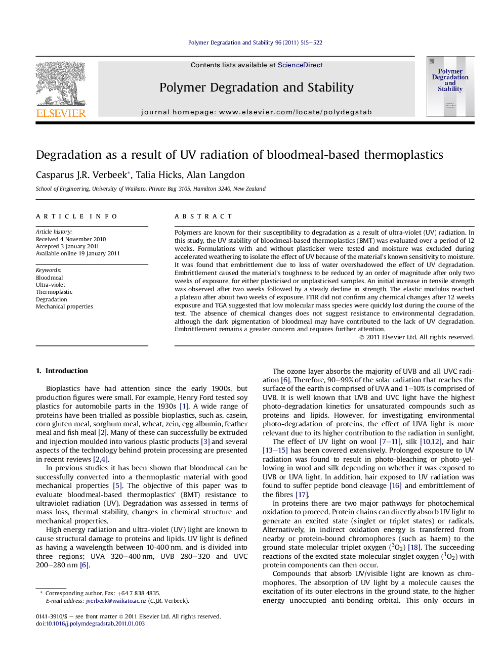 Degradation as a result of UV radiation of bloodmeal-based thermoplastics