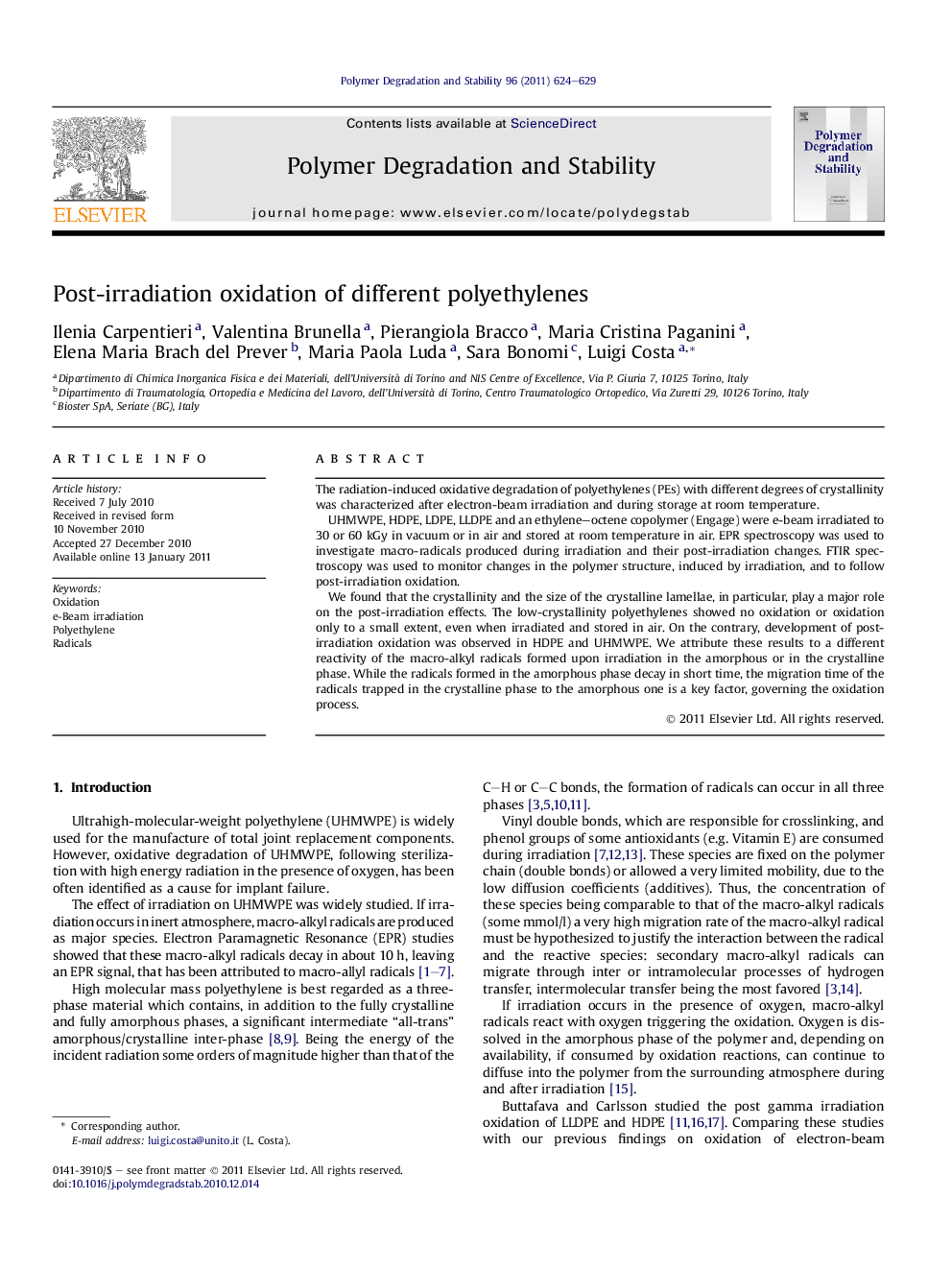 Post-irradiation oxidation of different polyethylenes