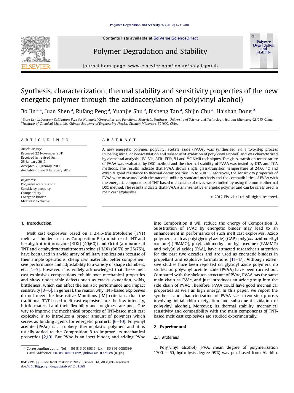 Synthesis, characterization, thermal stability and sensitivity properties of the new energetic polymer through the azidoacetylation of poly(vinyl alcohol)