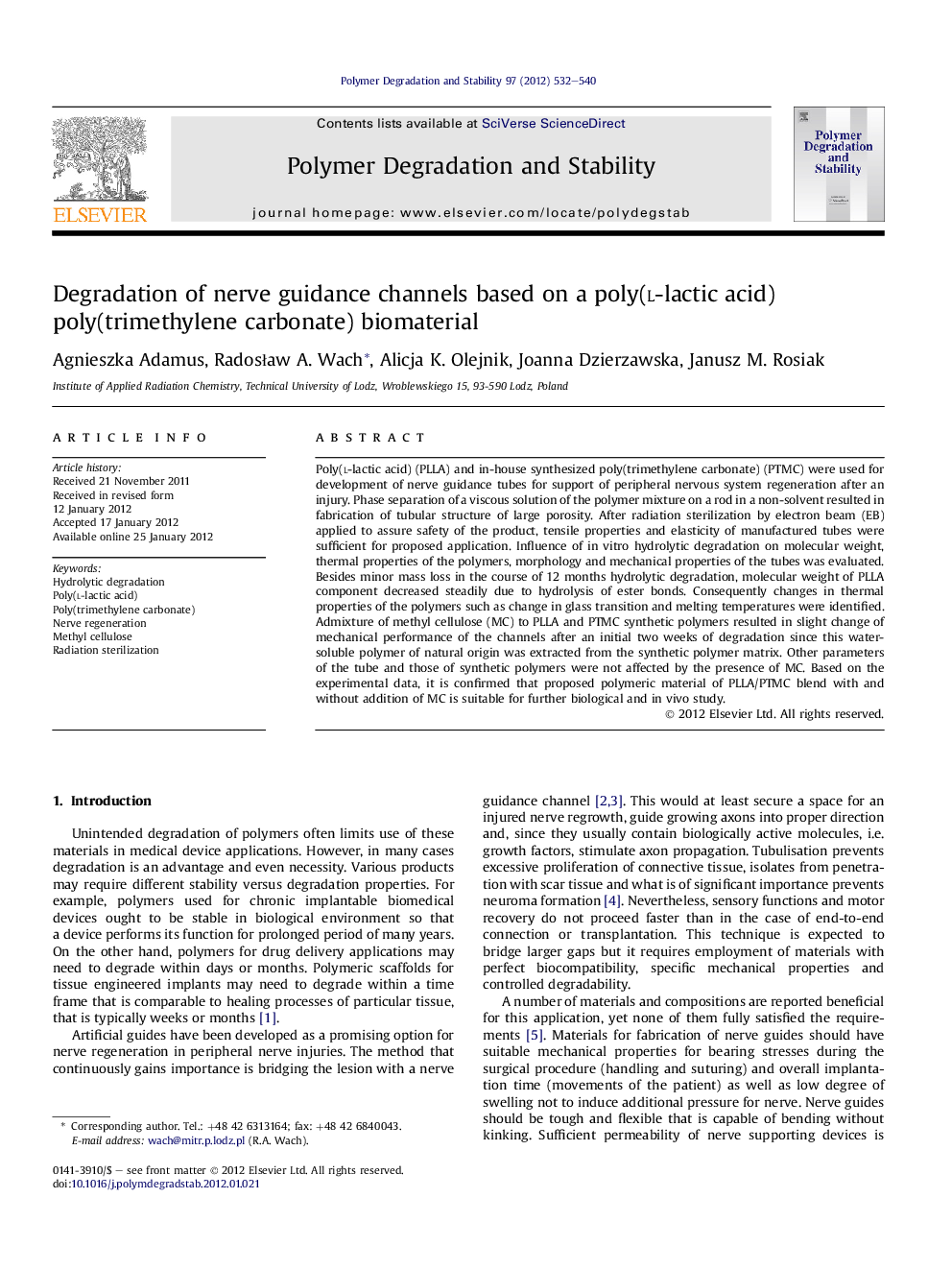 Degradation of nerve guidance channels based on a poly(l-lactic acid) poly(trimethylene carbonate) biomaterial