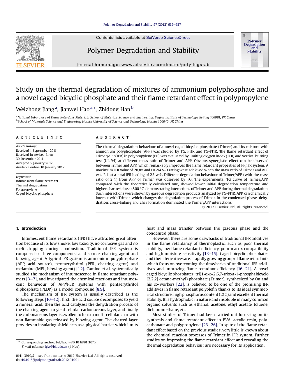 Study on the thermal degradation of mixtures of ammonium polyphosphate and a novel caged bicyclic phosphate and their flame retardant effect in polypropylene