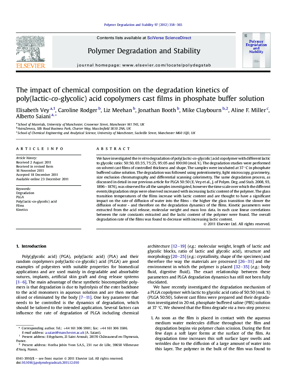 عکس صفحه اول مقاله: The impact of chemical composition on the degradation kinetics of poly(lactic-co-glycolic) acid copolymers cast films in phosphate buffer solution The impact of chemical composition on the degradation kinetics of poly(lactic-co-glycolic) acid copolymers cast films in phosphate buffer solution