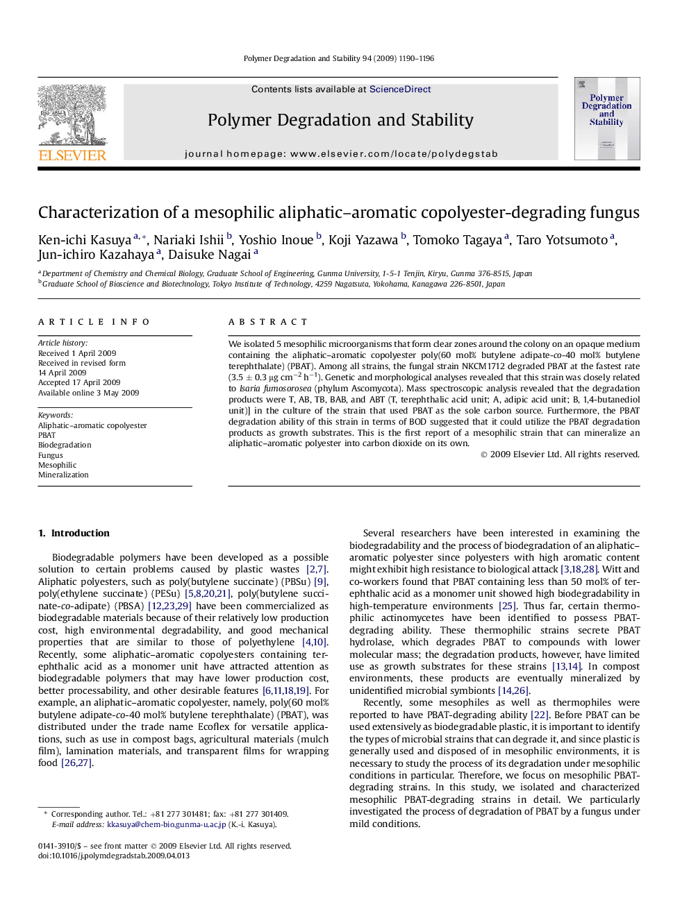 Characterization of a mesophilic aliphatic-aromatic copolyester-degrading fungus