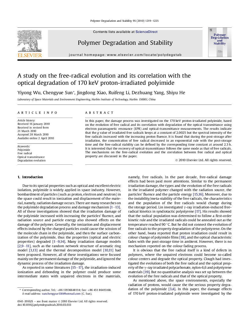 A study on the free-radical evolution and its correlation with the optical degradation of 170Â keV proton-irradiated polyimide