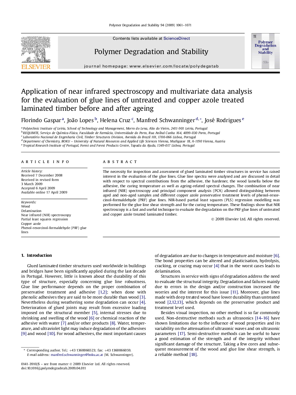 Application of near infrared spectroscopy and multivariate data analysis for the evaluation of glue lines of untreated and copper azole treated laminated timber before and after ageing