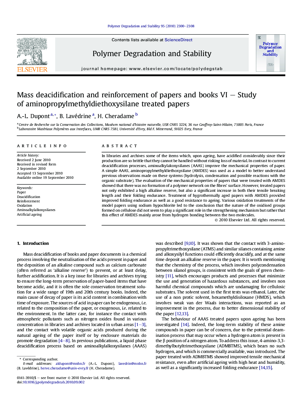 Mass deacidification and reinforcement of papers and books VI - Study of aminopropylmethyldiethoxysilane treated papers