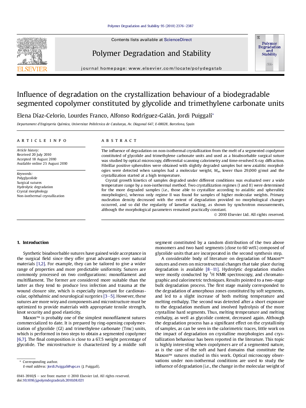 Influence of degradation on the crystallization behaviour of a biodegradable segmented copolymer constituted by glycolide and trimethylene carbonate units