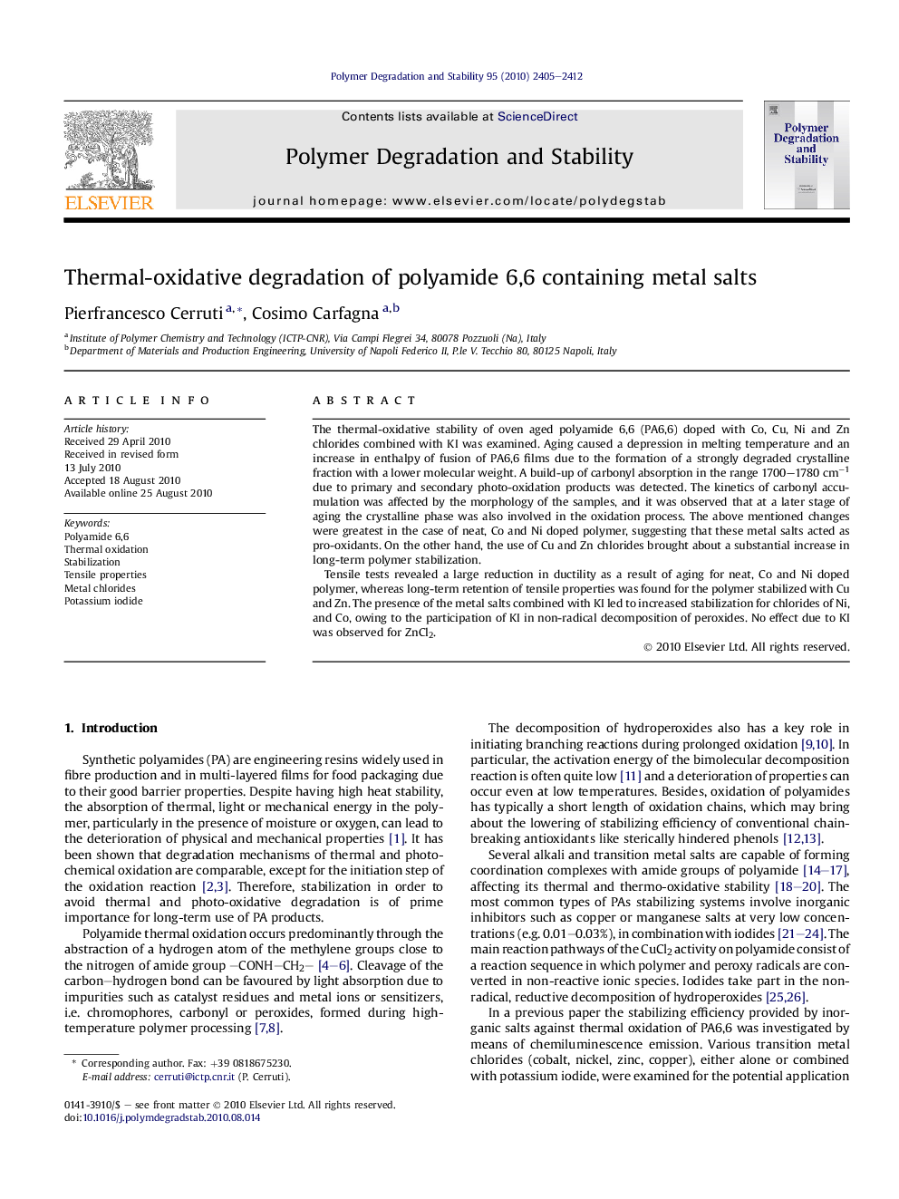 Thermal-oxidative degradation of polyamide 6,6 containing metal salts