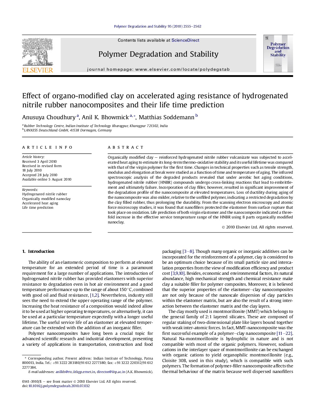 Effect of organo-modified clay on accelerated aging resistance of hydrogenated nitrile rubber nanocomposites and their life time prediction