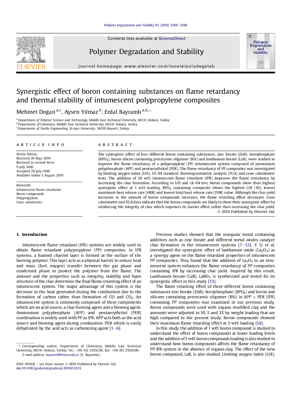 Synergistic effect of boron containing substances on flame retardancy and thermal stability of intumescent polypropylene composites