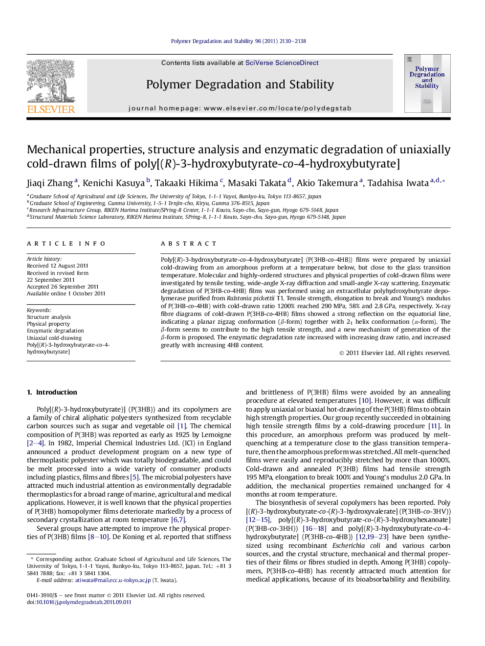 Mechanical properties, structure analysis and enzymatic degradation of uniaxially cold-drawn films of poly[(R)-3-hydroxybutyrate-co-4-hydroxybutyrate]