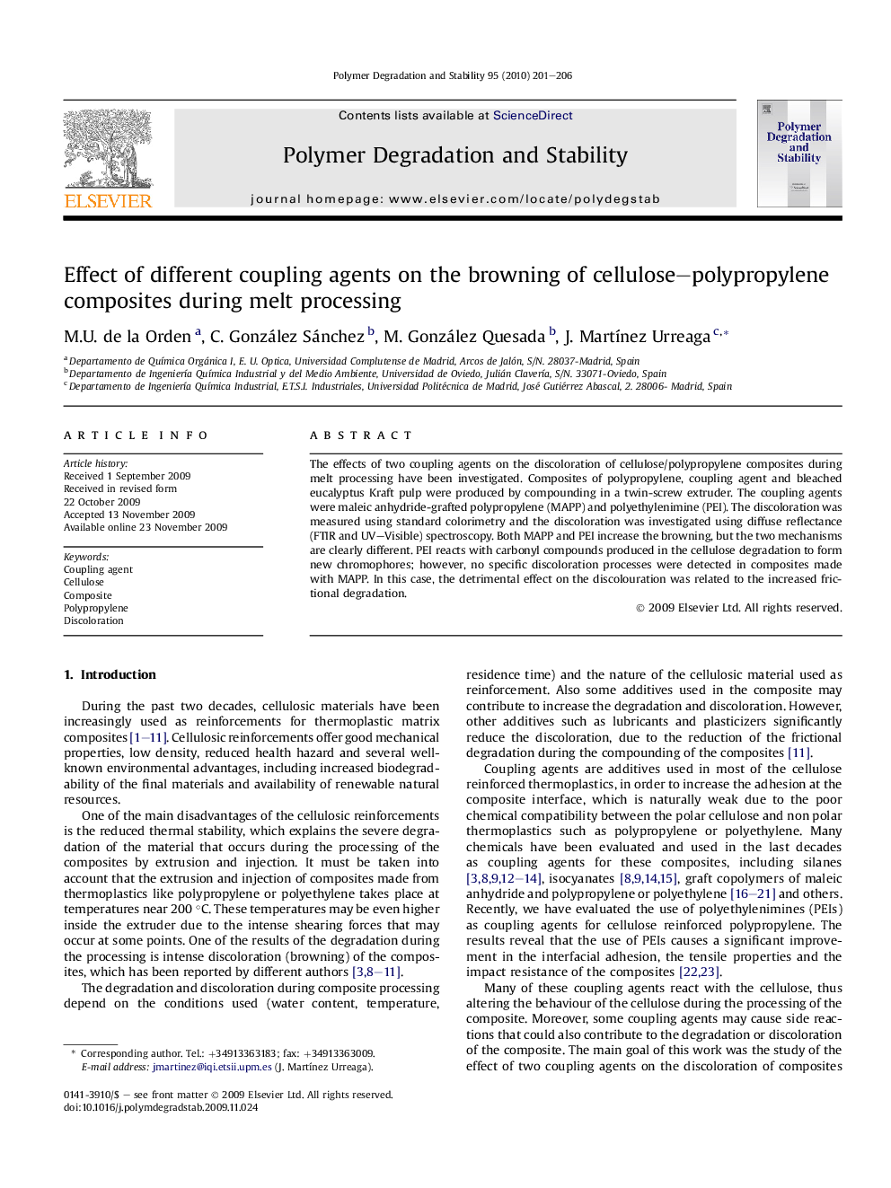 Effect of different coupling agents on the browning of cellulose-polypropylene composites during melt processing