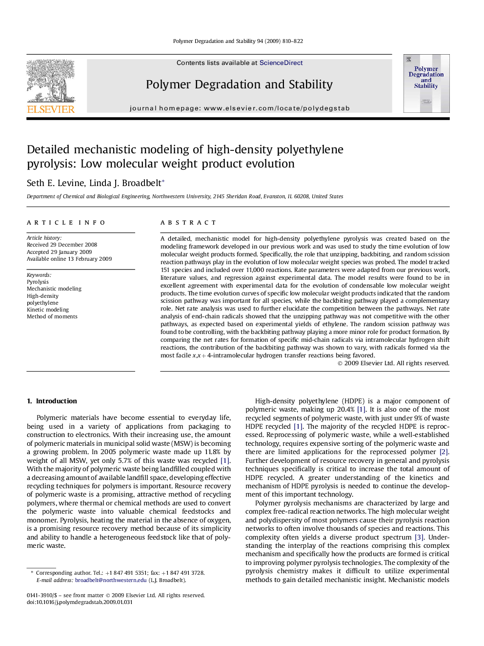 Detailed mechanistic modeling of high-density polyethylene pyrolysis: Low molecular weight product evolution