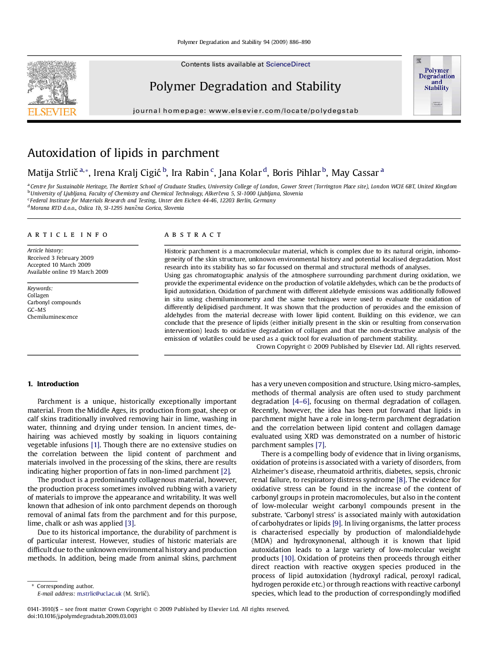 Autoxidation of lipids in parchment