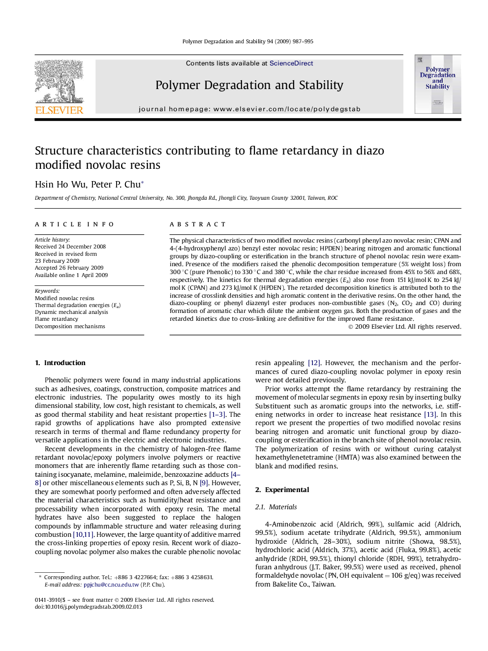 Structure characteristics contributing to flame retardancy in diazo modified novolac resins