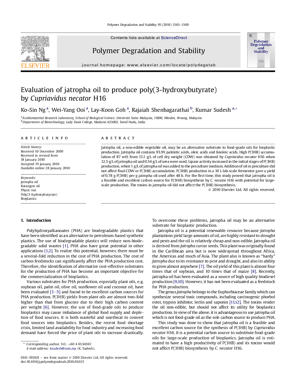 Evaluation of jatropha oil to produce poly(3-hydroxybutyrate) by Cupriavidus necator H16