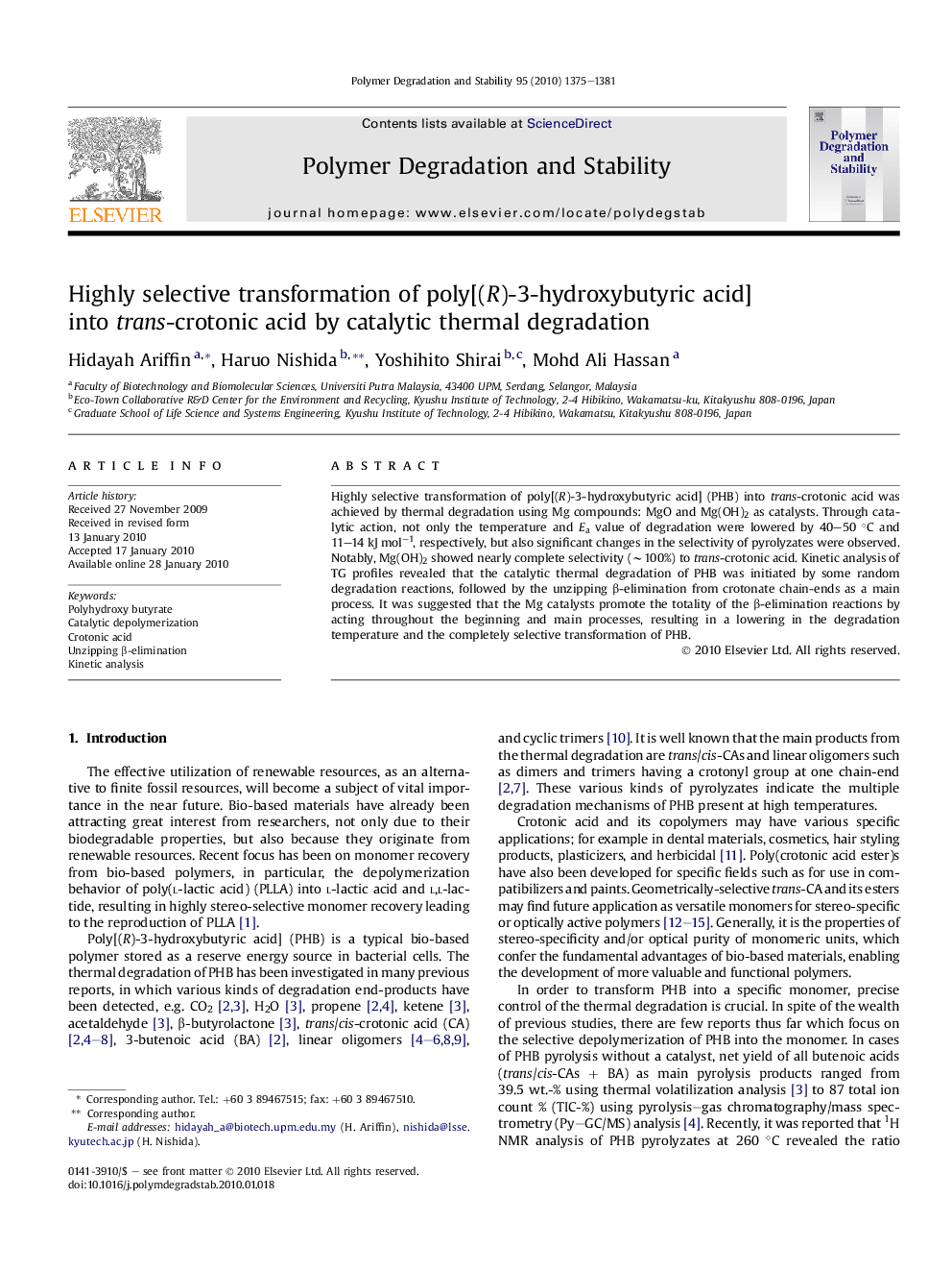 Highly selective transformation of poly[(R)-3-hydroxybutyric acid] into trans-crotonic acid by catalytic thermal degradation