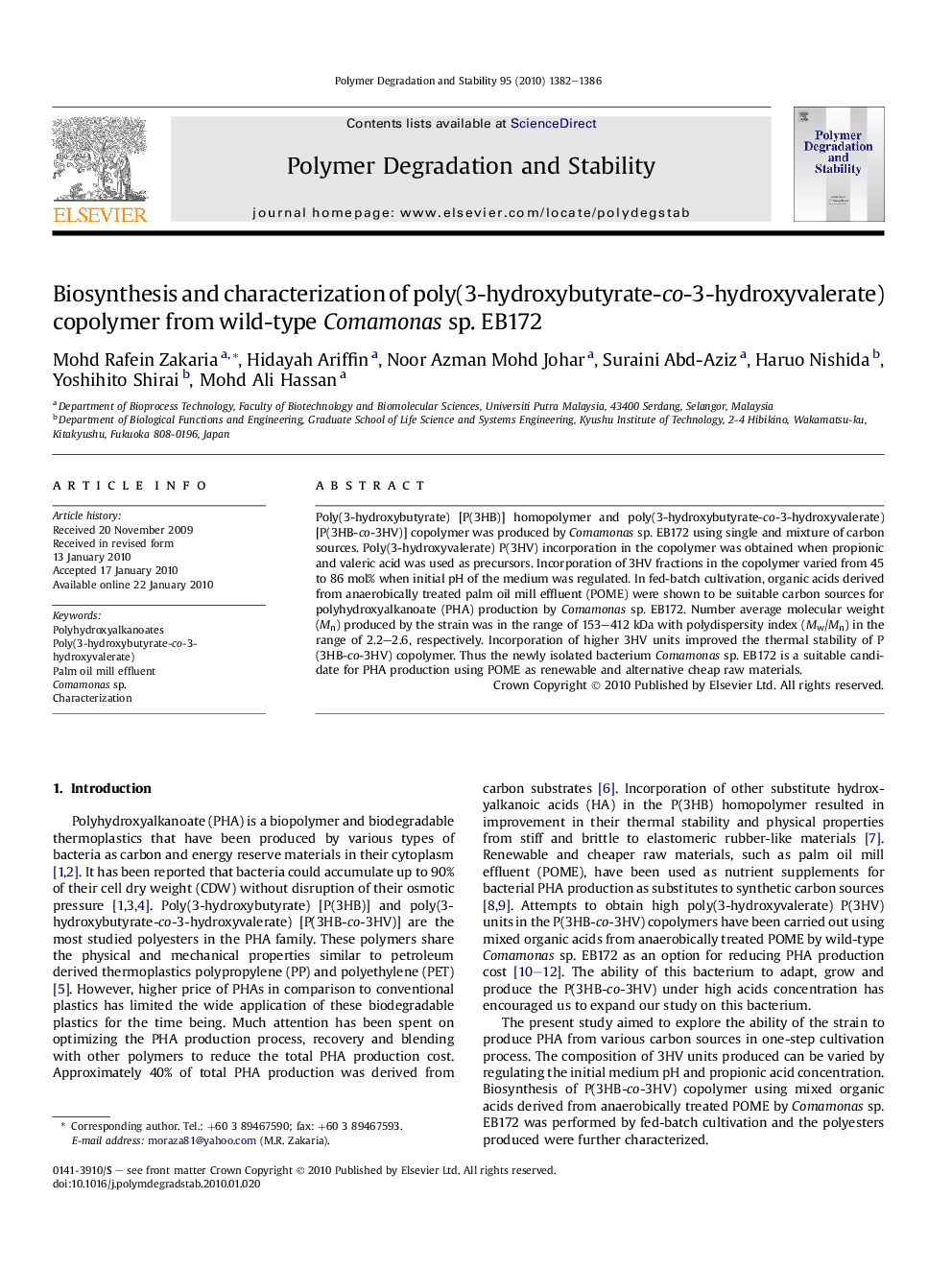 Biosynthesis and characterization of poly(3-hydroxybutyrate-co-3-hydroxyvalerate) copolymer from wild-type Comamonas sp. EB172