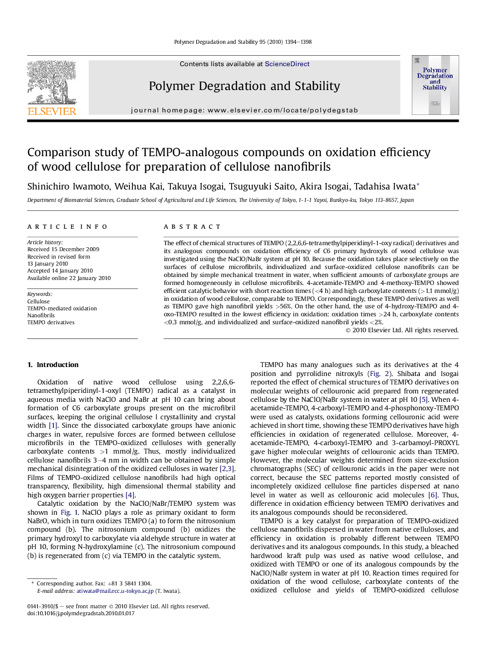 Comparison study of TEMPO-analogous compounds on oxidation efficiency of wood cellulose for preparation of cellulose nanofibrils