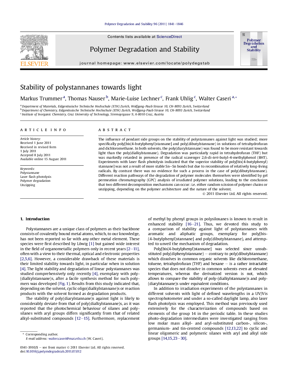 Stability of polystannanes towards light