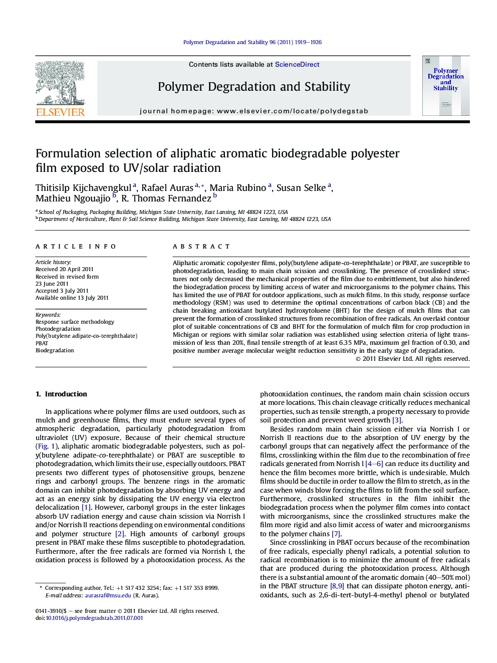 Formulation selection of aliphatic aromatic biodegradable polyester film exposed to UV/solar radiation