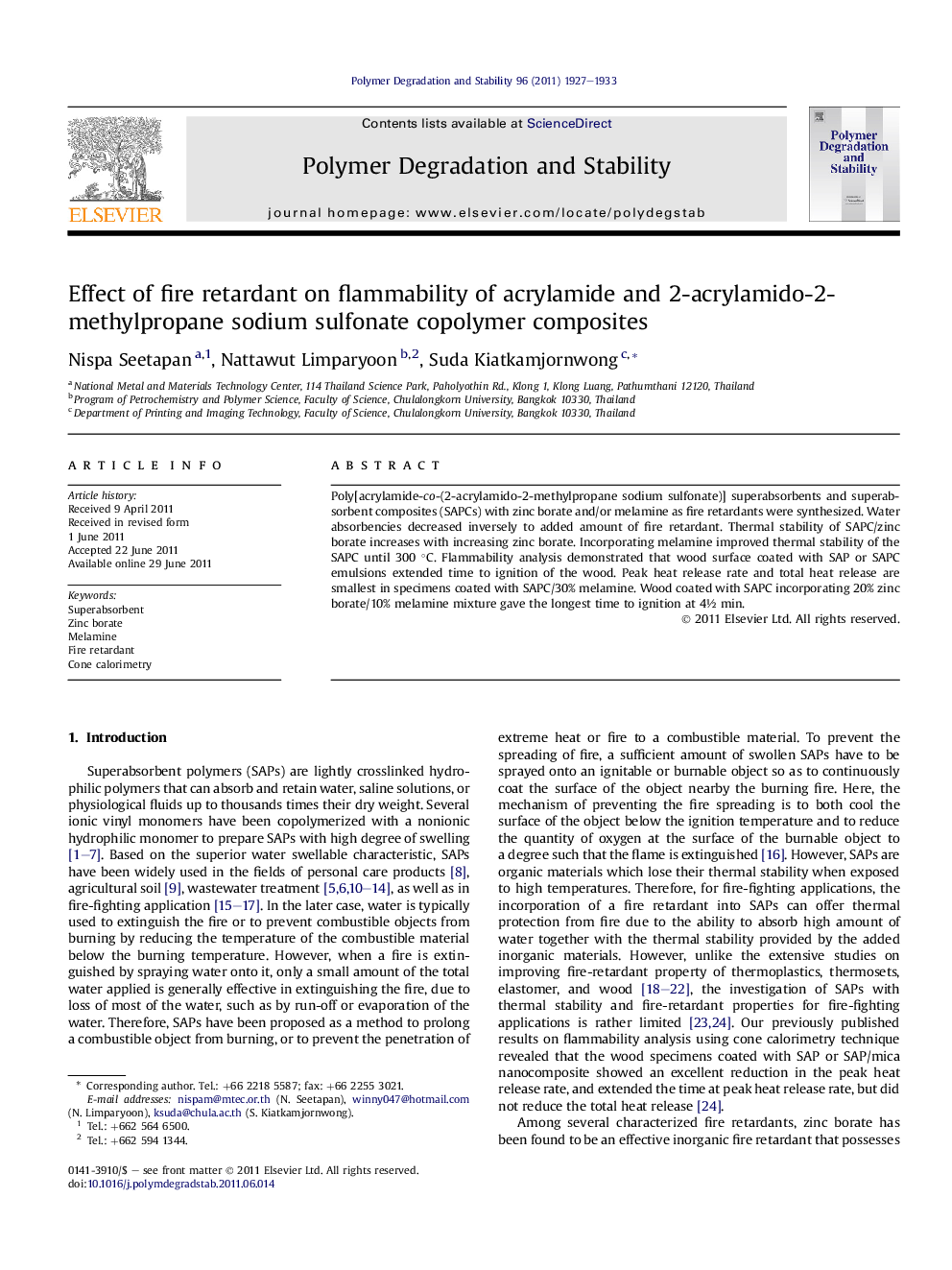 Effect of fire retardant on flammability of acrylamide and 2-acrylamido-2-methylpropane sodium sulfonate copolymer composites