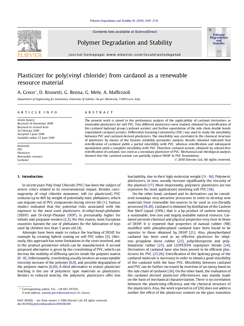 Plasticizer for poly(vinyl chloride) from cardanol as a renewable resource material