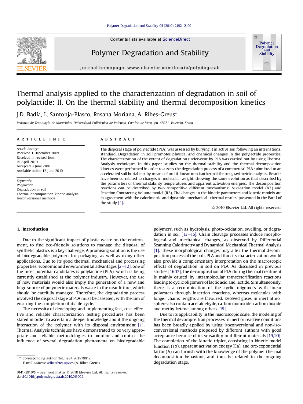 Thermal analysis applied to the characterization of degradation in soil of polylactide: II. On the thermal stability and thermal decomposition kinetics