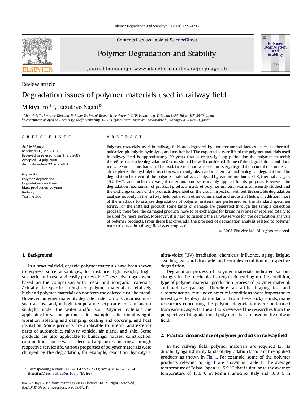 Review articleDegradation issues of polymer materials used in railway field