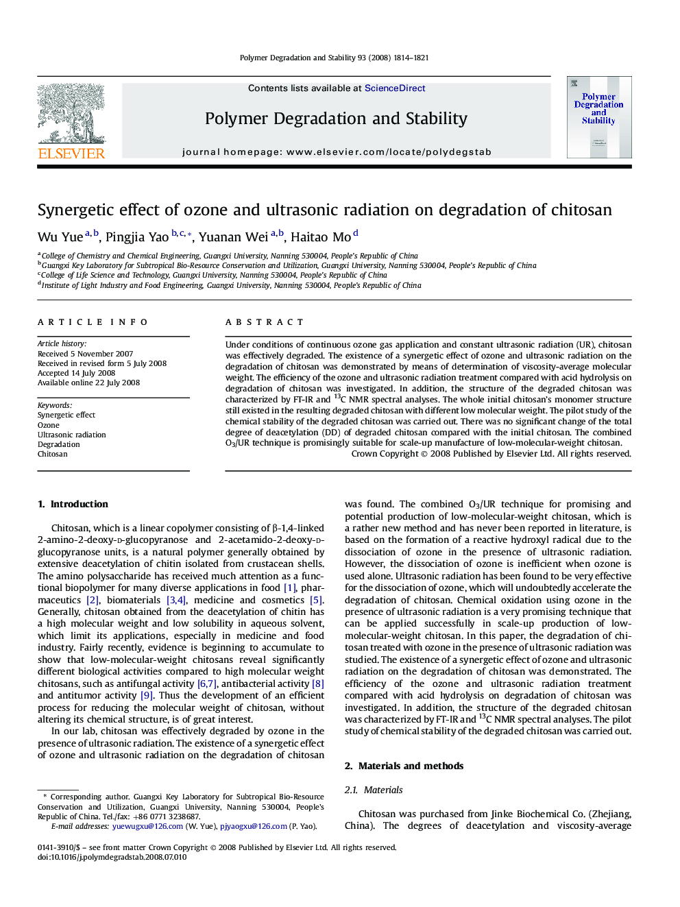 Synergetic effect of ozone and ultrasonic radiation on degradation of chitosan