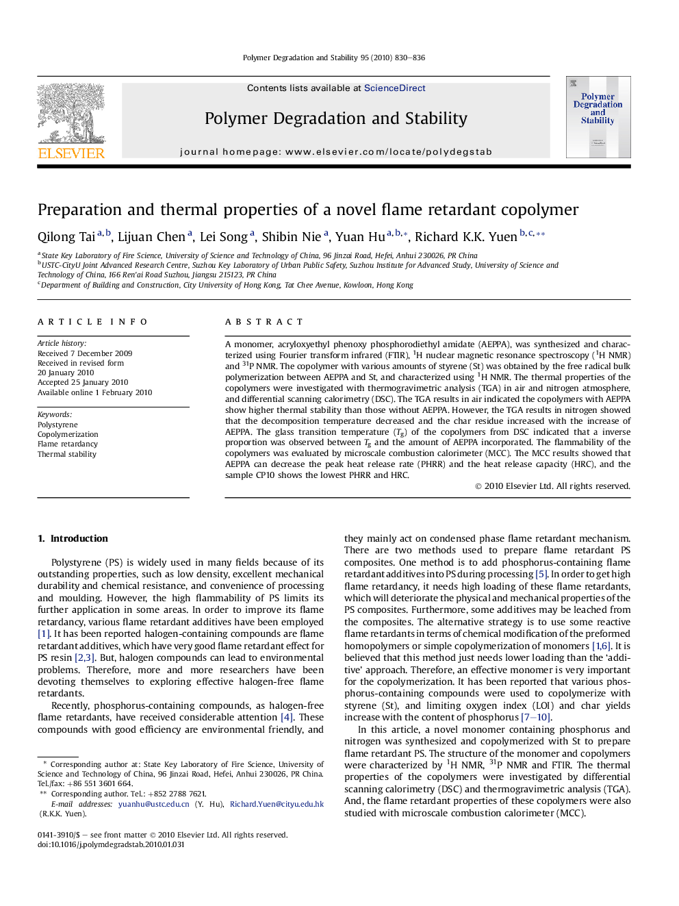 Preparation and thermal properties of a novel flame retardant copolymer