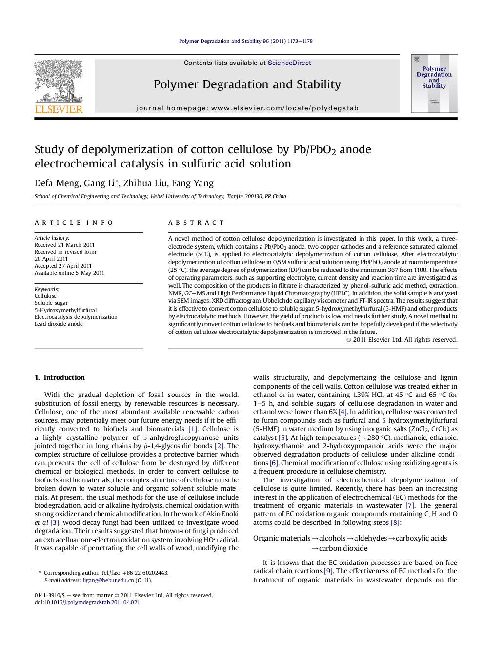 Study of depolymerization of cotton cellulose by Pb/PbO2 anode electrochemical catalysis in sulfuric acid solution