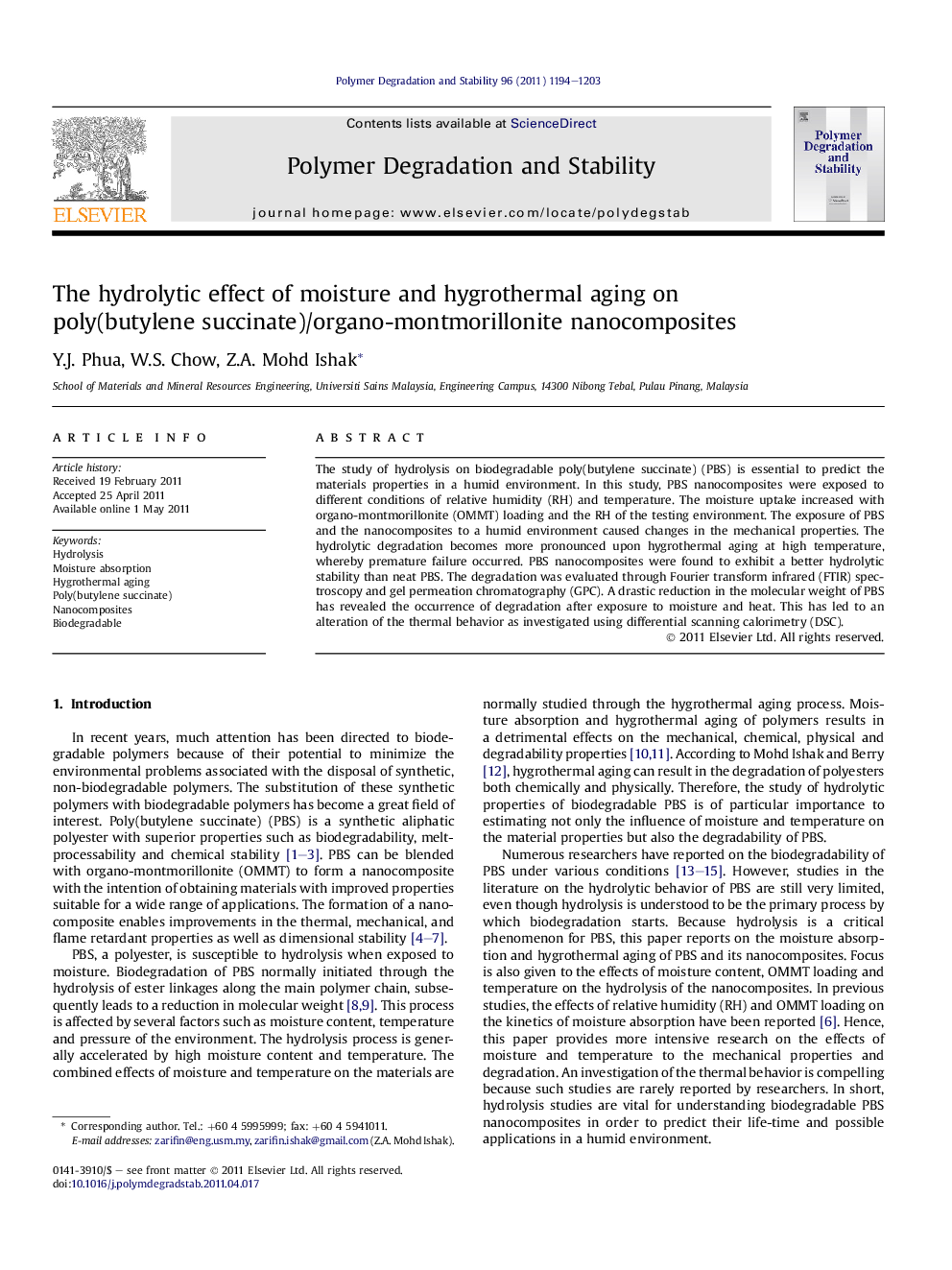 The hydrolytic effect of moisture and hygrothermal aging on poly(butylene succinate)/organo-montmorillonite nanocomposites