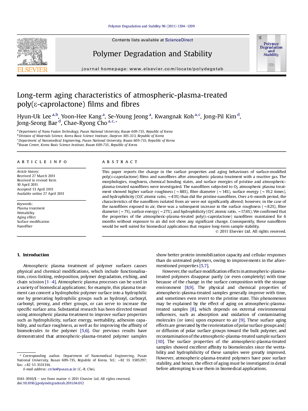 Long-term aging characteristics of atmospheric-plasma-treated poly(É-caprolactone) films and fibres