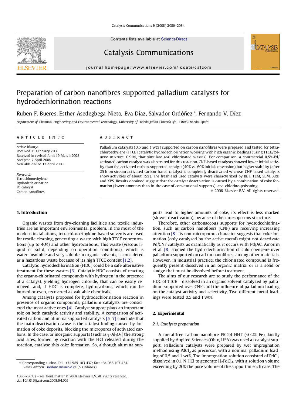 Preparation of carbon nanofibres supported palladium catalysts for hydrodechlorination reactions