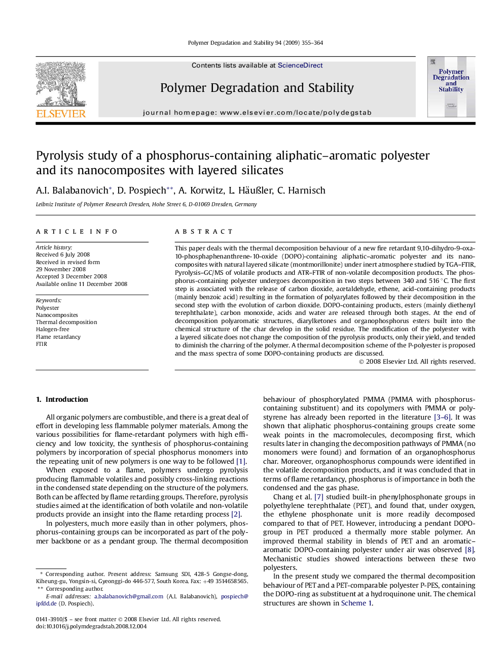 Pyrolysis study of a phosphorus-containing aliphatic-aromatic polyester and its nanocomposites with layered silicates