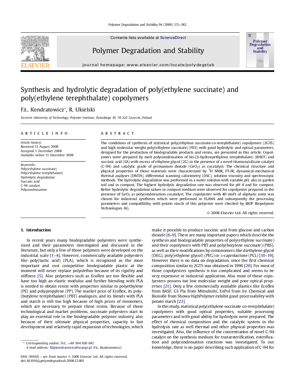 Synthesis and hydrolytic degradation of poly(ethylene succinate) and poly(ethylene terephthalate) copolymers