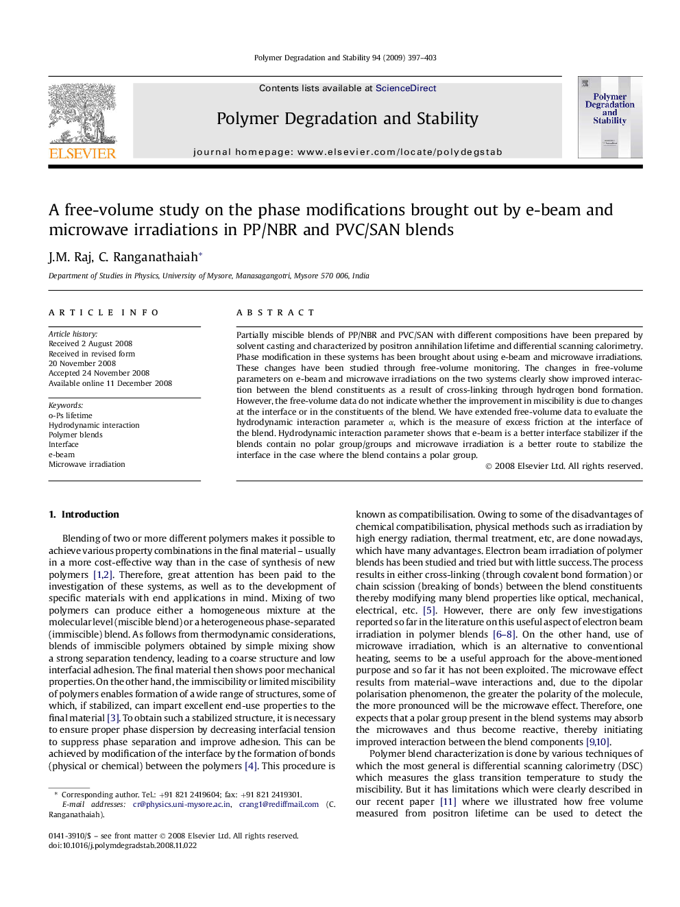 A free-volume study on the phase modifications brought out by e-beam and microwave irradiations in PP/NBR and PVC/SAN blends