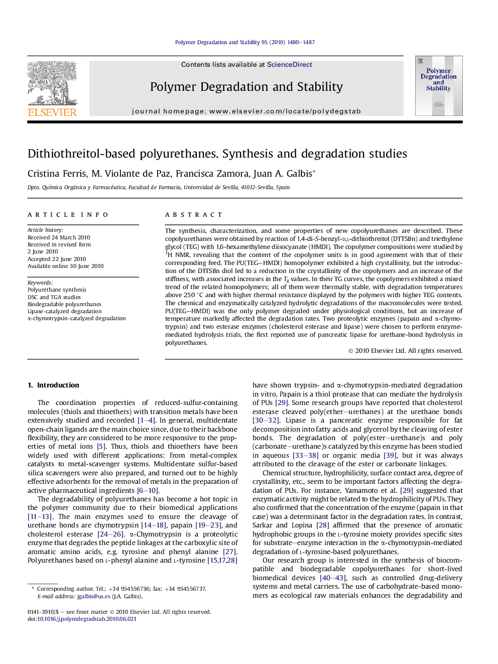 Dithiothreitol-based polyurethanes. Synthesis and degradation studies