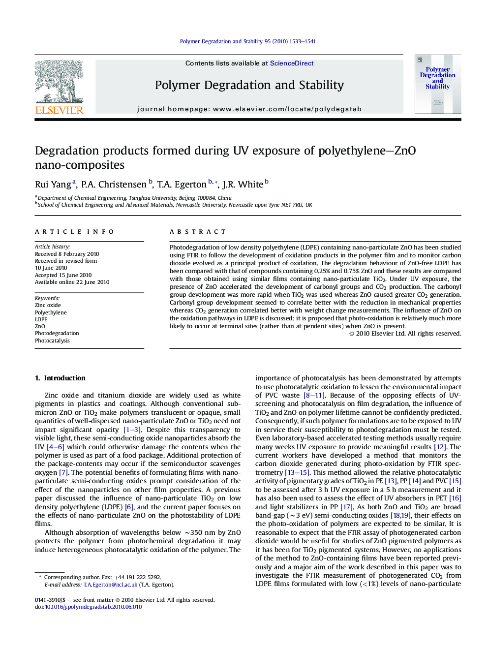 Degradation products formed during UV exposure of polyethylene-ZnO nano-composites