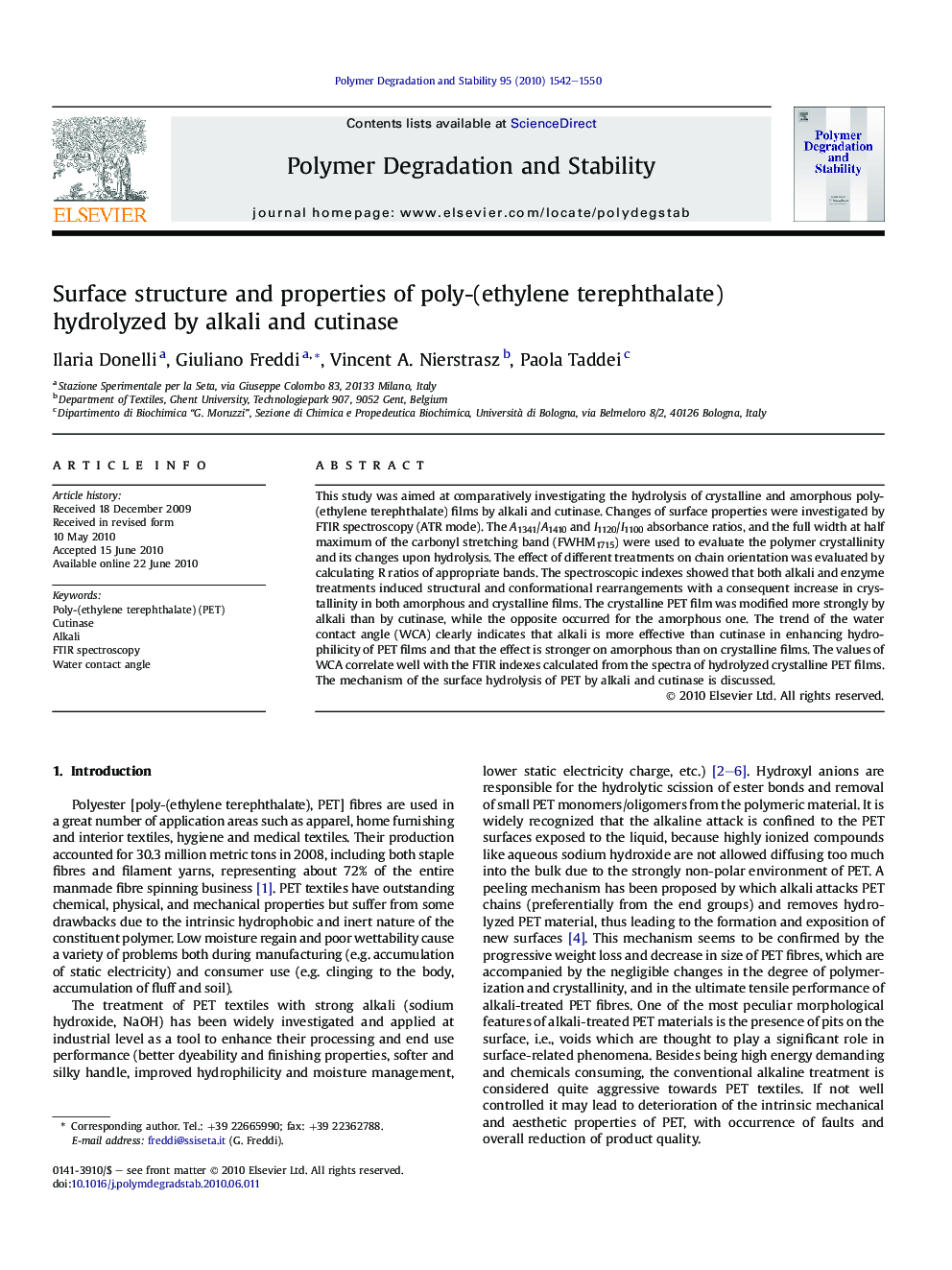 Surface structure and properties of poly-(ethylene terephthalate) hydrolyzed by alkali and cutinase