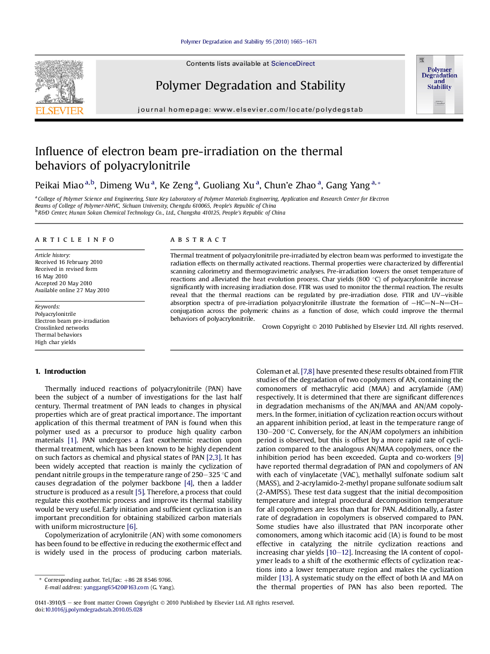 Influence of electron beam pre-irradiation on the thermal behaviors of polyacrylonitrile