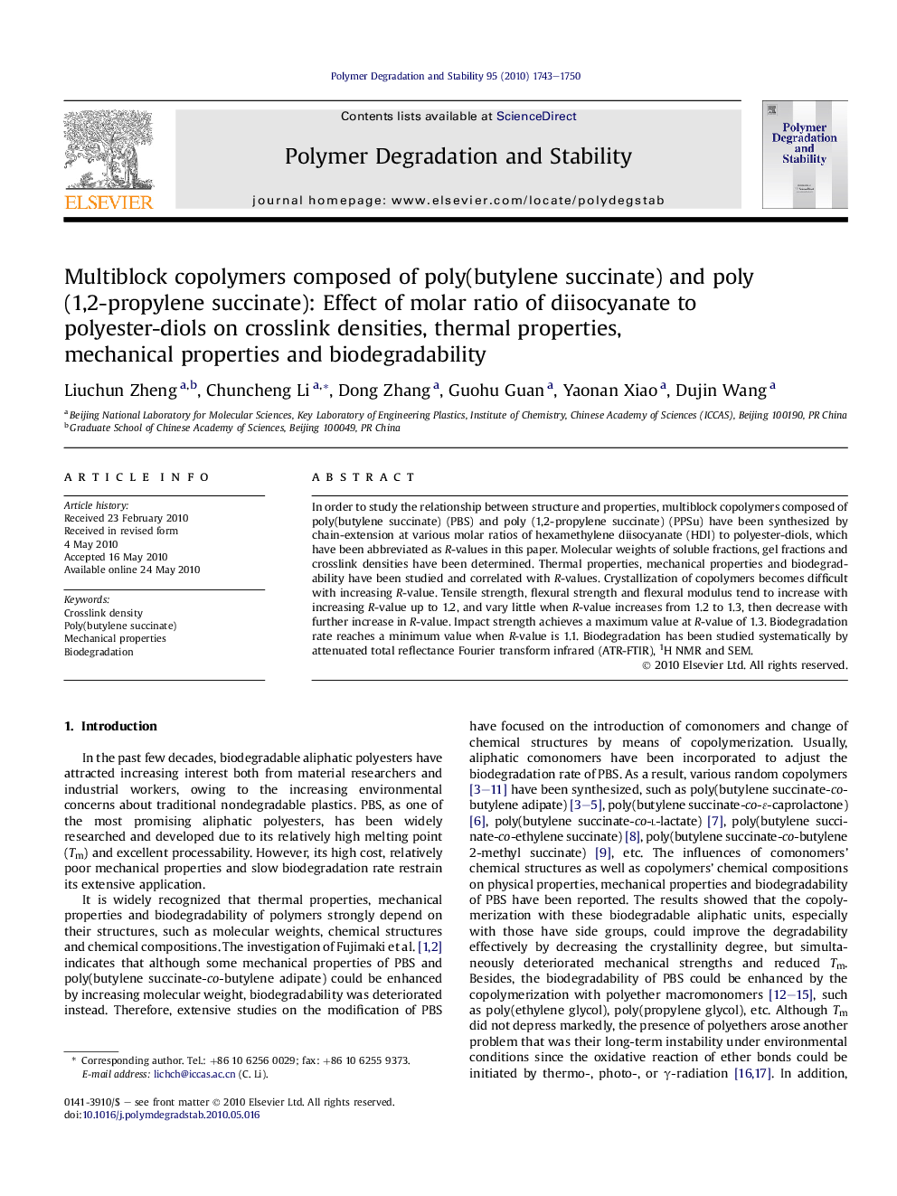 Multiblock copolymers composed of poly(butylene succinate) and poly(1,2-propylene succinate): Effect of molar ratio of diisocyanate to polyester-diols on crosslink densities, thermal properties, mechanical properties and biodegradability