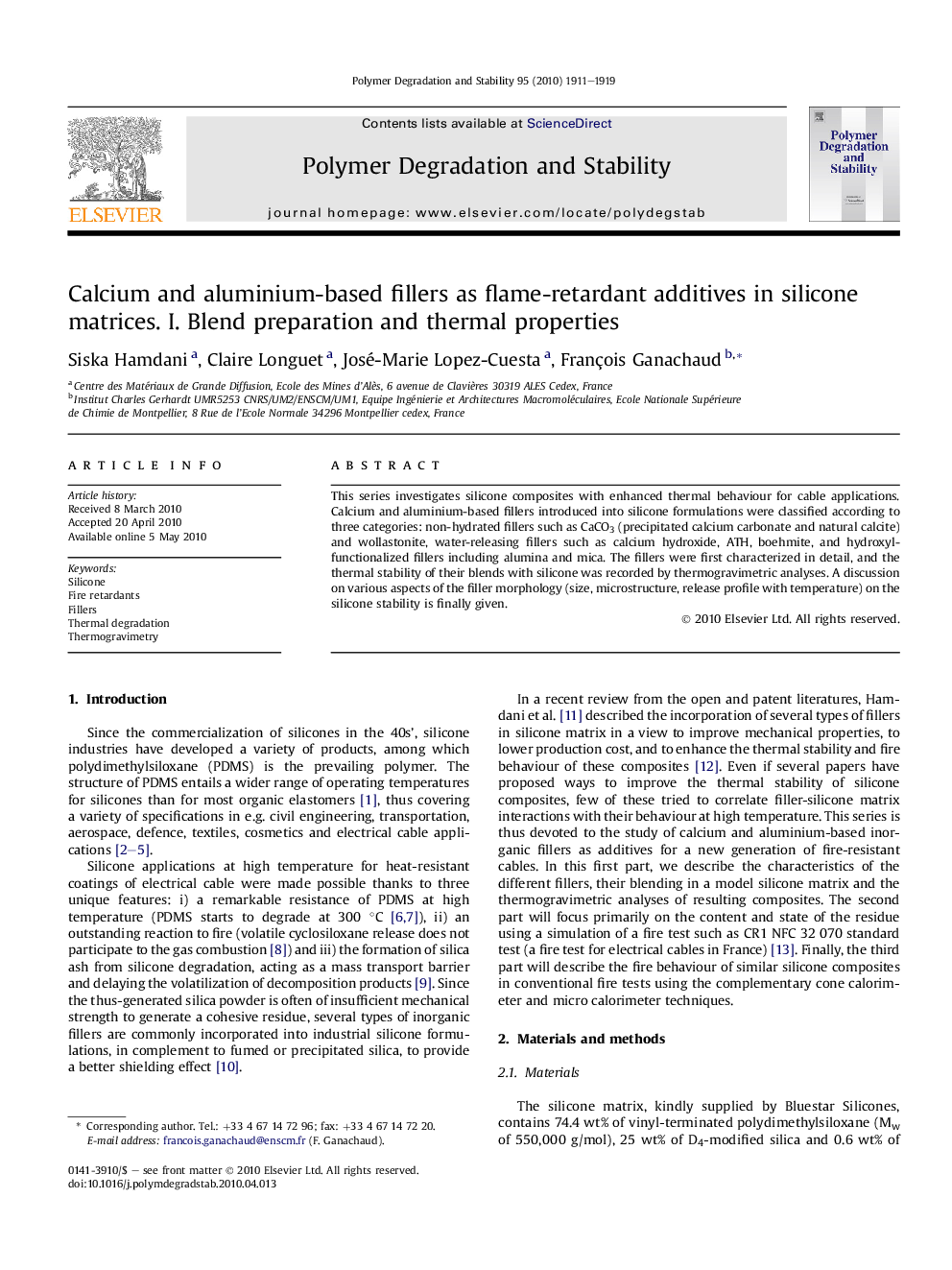 Calcium and aluminium-based fillers as flame-retardant additives in silicone matrices. I. Blend preparation and thermal properties